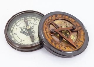 Maritime Antique Polished Brass Sundial Compass Nautical Collectible with Poem