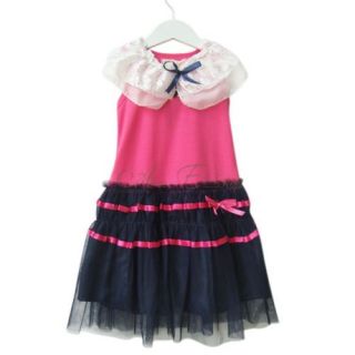 Pink Girls Kid Lace Collar Party Sleeveless Tulle Dress Summer Clothing Sz 3 7