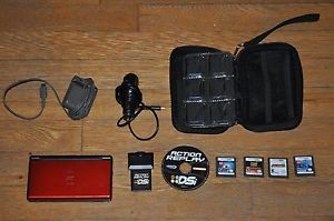 Used Red Nintendo DS Lite Game Console Travel Case 4 Games DSi Action Replay
