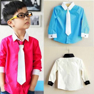 Toddler Kids Boys Solid Necktie Long Sleeve Dress Shirt with Tie Set Pure Colour