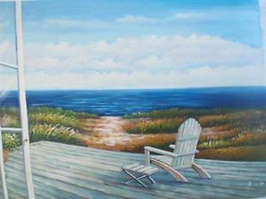 24 x 36 Oil Painting Art Adirondack Chair Beach Open Door Window Porch Dock Sand