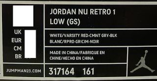 317164 161 Boys Youth Air Jordan Nu Retro 1 Low White Varsity Red Cement Grey