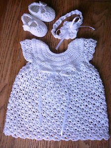 Handmade Crochet White Baby Dress Headband Booties Set Newborn Baptism Blessing