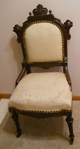 Elegant Antique Victorian Ornate Fabric Back Parlor Chair Curvy Legs Rollers