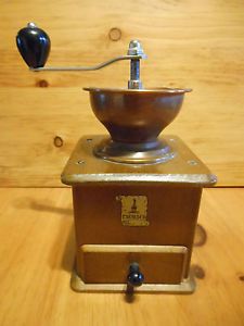Vintage German Hand Crank Coffee Grinder Mill Copper Bowl Wooden Base Trosser