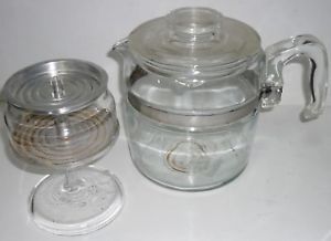 Pyrex Clear Glass 6 Cup Coffee Perk Complete Basket Funnel Cover Lid Set Vintage