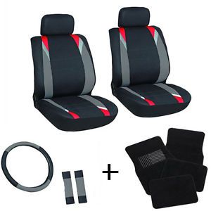 13pc Front Bucket Chair Seat Cover Set Red Black Gray Wheel Belts Floor Mats