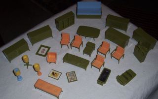 Lot 26 Vintage Doll House Furniture Dark Green Toy Chairs Dresser Table Lamps