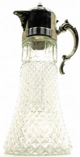 Antique Wine Claret Jug Pitcher 14" Diamond Cut Glass Decanter Silver Handle NM