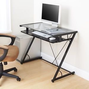 New Mainstays Solar Glass Top Computer Desk with Metal Frame Keyboard Tray