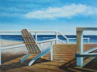 24 x 36 Oil Painting Art Adirondack Beach Chair Stairs Dock Deck Wood Sea Shore