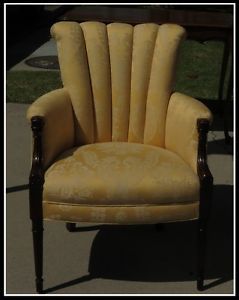 Antique Art Deco Club Chair w Yellow Damask Upholstery