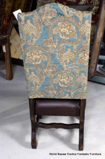 49" H Side Dining Chair Leather Wood Dark Brown Blue Gold Classic