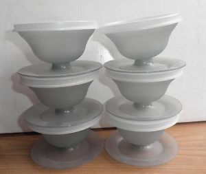 6 Vintage Tupperware Pudding Jello Mold Pedestal Cups Dishes w Lids Smokey Gray