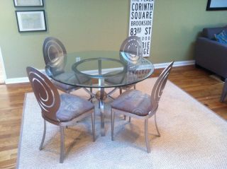 Ethan Allen Raidus Dining Set Glass Table 4 Brushed Nickel Metal Chairs