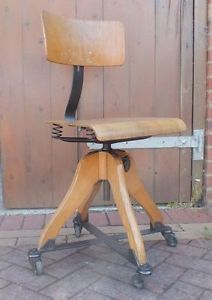 Fab Vintage French Industrial Wooden Swivel Chair Sprung Seat on Casters