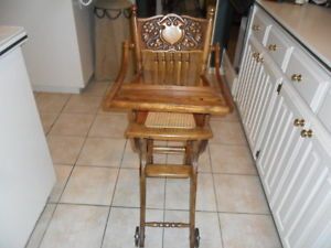 Antique American Oak Pressed Back Childs High Chair Covertsto Rocker w Cain Seat