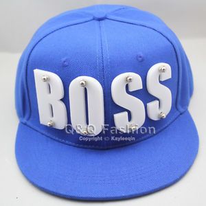 White Acrylic Boss Letter Word Screw Blue Snapback Baseball Fitted Flat Cap Hat