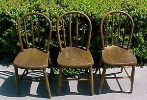 3 Vintage Childrens Bentwood Back Chair Set 1920s 30s Oak Seats Birch Spindles
