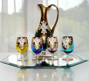 Murano Art Glass Gold Decanter Pitcher Cordial Glasses Green Cobalt Blue Venetia