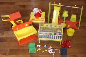 1964 Suzy Cute Doll Crib Swing Set High Chair Bath Tub Stroller Clothes Toys