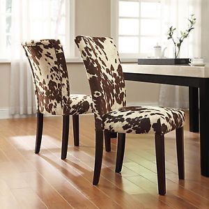Dining Chairs Cow Hide Print Poplar Wood Dark Cherry Finish Soft White