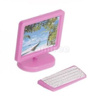 Computer Monitor Stand Keyboard Set for Barbie Doll Dollhouse Miniature Pink