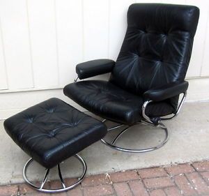 Ekornes Stressless Recliner Chair Ottoman Leather Large Black Chrome Metal Base