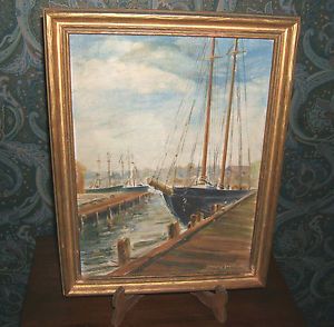 Vntg Estate Original Oil Painting Sailboat Dock Nautical Seascape by Jacobson