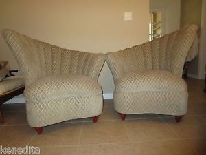 Asymmetrical Pair 2 Chairs French Art Deco Fan Back Hollywood Regency Parlor