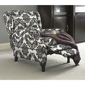 Classic Black White Floral Fabric Wing Back Recliner Chair Modern