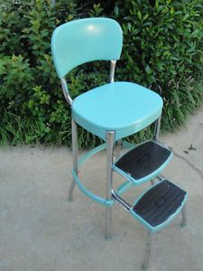 Vtg 1950s Pastel Turquoise Cosco Kitchen Step Stool Chrome Retro Aqua Blue Chair