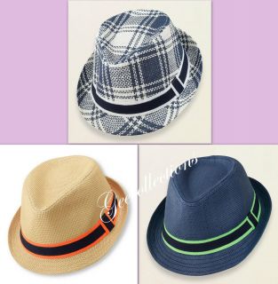 Children's Place Boys Brown Blue White Plaid Straw Fedora Trilby Topper Hat New