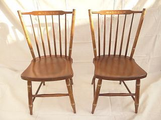 Pair Hitchcock Paint Stenciled Plank Bottom Side Dining Room Chairs Set