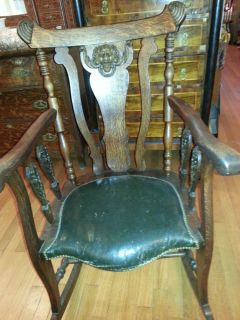 Antique Decorative Vintage Oak Rocking Chair Gargoyle Devil Face Early 1900'S