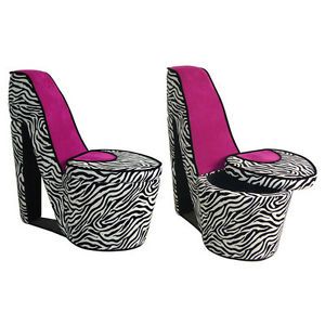 Modern High Heel Storage Ottoman Chair New Black Pink Zebra Animal Print