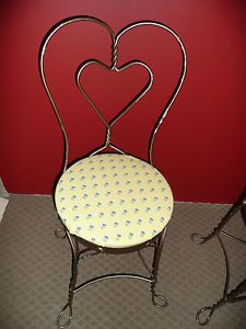 Set of 2 Antique Ice Cream Parlor Chairs Heart Shape Metal Frame Padded Seats