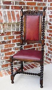 Antique English Oak Barley Twist Desk Entry Hall Side Dining Chair Red Leather