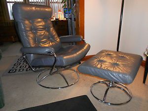Vtg Mid Century Danish Chrome Leather Mod Ekornes Lounge Chair Ottoman Plycraft
