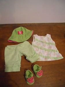 American Girl Bitty Baby Doll Authentic Green Dress Shirt Pants Sun Hat Shoes