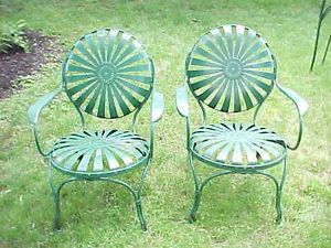 Antique Carre Sunburst Spring Steel Art Deco Victorian Garden Patio Arm Chairs