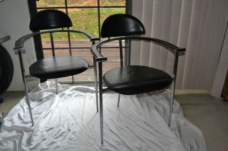 Pair Arrben Italian Mid Century Modern Black Leather Chrome Stiletto Chairs