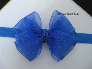 Royal Blue Navy Baby Girls Xmas Sheer Organza Glitter Hair Bow Clip Headband