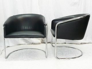 Thonet Cantilever Club Barrel Lounge Chairs Black Leather Chrome Modern Vintage