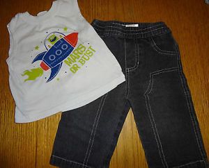 Baby Boys Size 12 Months 2 Piece Lot Outfit Black Denim Jeans Space Shirt Top