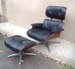 Mid Century Modern Selig Lounge Chair Ottoman Eames 670 Black Leather Plycraft