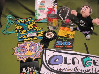 New Over The Hill 50 Birthday Party Gag Gifts Doll Award Bib Signs Can of Beans