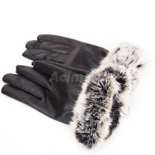 City Lady Winter Warm Rabbit Fur PU Leather Full Finger Waist Gloves Brown