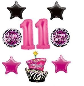 Zebra Pink Black 11th Birthday Party Supplies Balloons Eleventh Tween Jungle