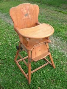 Antique Vtg Wooden Child's Maple Baby High Chair Walker Wood Tray Art Deco 1930s